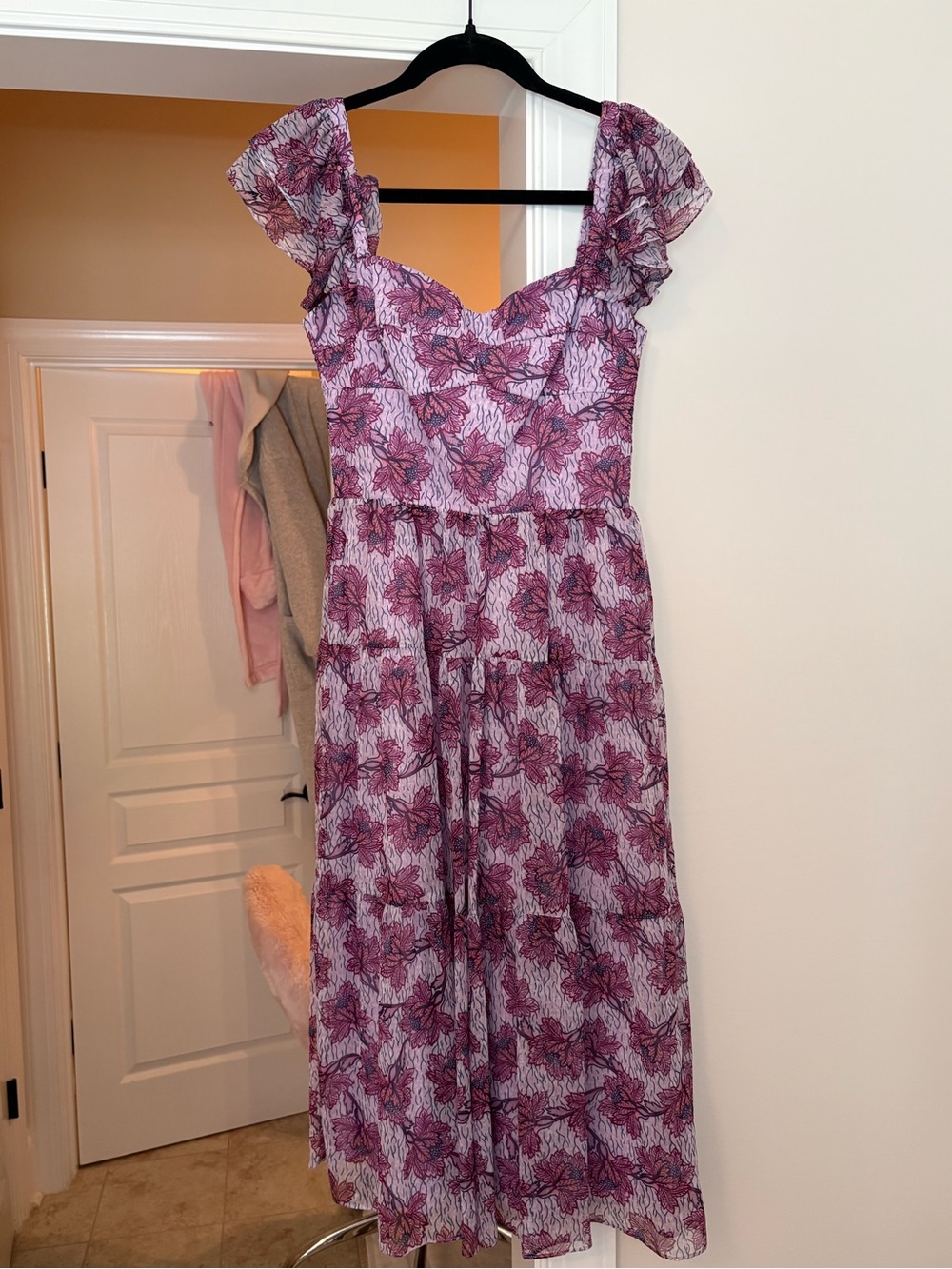 Amanda Uprichard Purple Floral Midi Dress with Ruffle Cap Sleeves